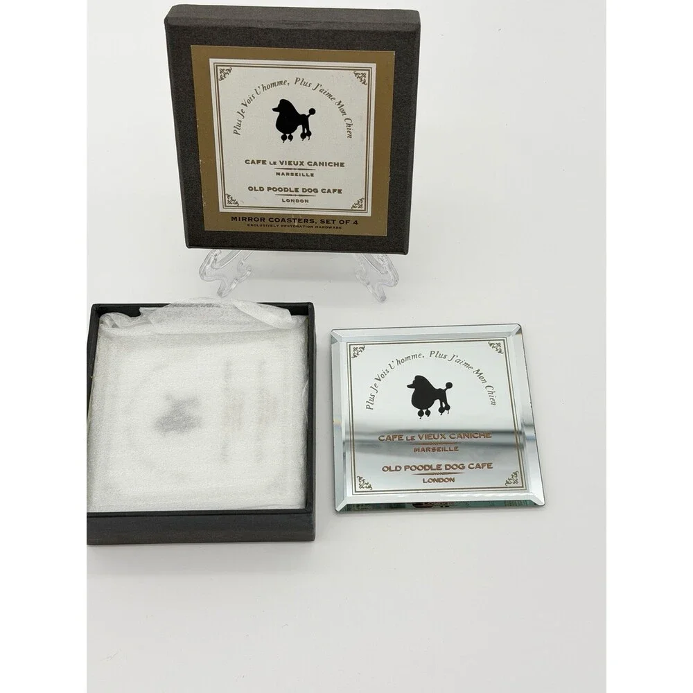 Restoration Hardware MIRROR POODLE coasters Old Poodle Dog Cafe Set Of 4 London